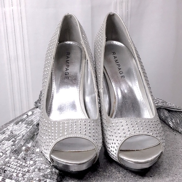 Rampage Shoes - 🤍 RAMPAGE ‘Gimme’ Silver Satin Rhinestone Peep Toe Platform Heels